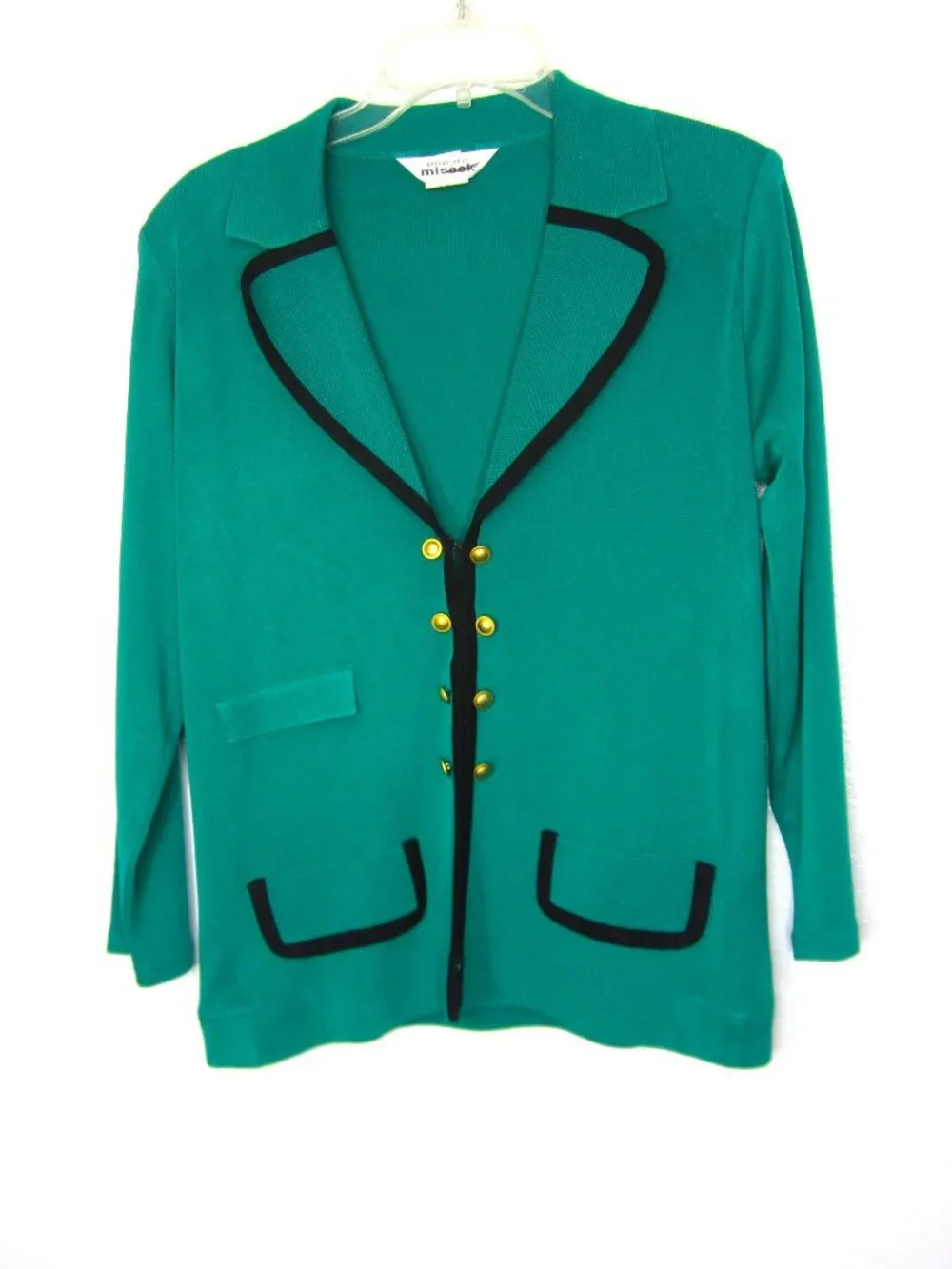 Misook Signature Knit Size S M Jacket Green Black Trim Gold Buttons Career
